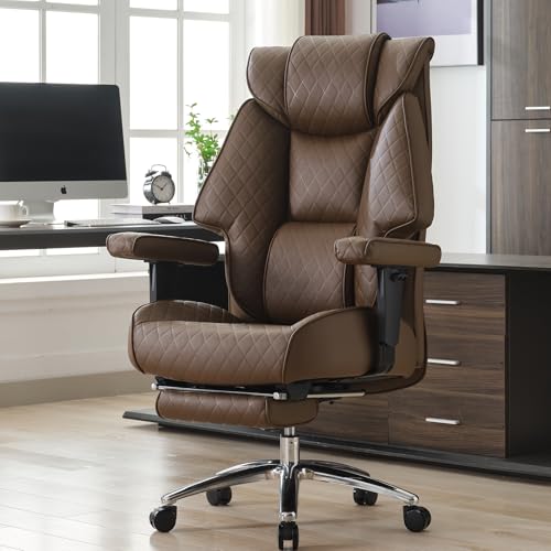EXCEBET Big and Tall Office Chair with Footrest, PU Leather High Back Executive Office Chair 400lbs, Ergonomic Computer Chairs Lumbar Support for Heavy People (Brown) - color: Dark Brown