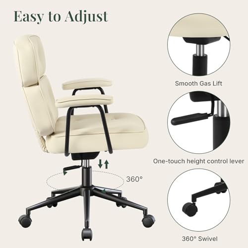 Ergonomic Leather Office Chair, High Back Executive Desk Chair | Comfy Lumbar Support, Padded Arms, Adjustable Height, 360° Swivel Rolling Computer Chairs for Home Office, Beige - color: Beige