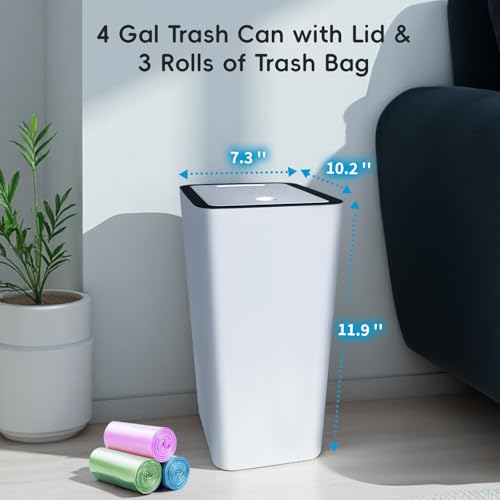 Lysam 4 Gallon Trash Can 3 Packs, Bedroom Trash Can with Lid & Trash Bags | Small Garbage Can Press-Top for Dog Proof, Oder Seal, Waste Basket for Office, Living Room, Bathroom White & Grey & Blue - color: Blue & White & Grey