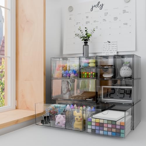 Clear 10-Drawer Stackable Desk Organizer Storage Set | Unique nine-grid drawer, Acrylic, Separate drawers, Dustproof, Easy to clean, for Office supplies, Pens, Jewelry, Makeup - size: 10 drawer clear