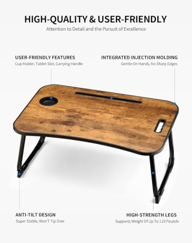 ZEAPTAC Foldable Lap Desk, Bed Desk, Bed Table & Laptop Stand w/Cup Holder - color: Rustic Brown