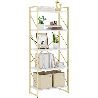 5 Tiers Bookshelf, Classically Tall Bookcase, Industrial Book Rack - color: Golden & White