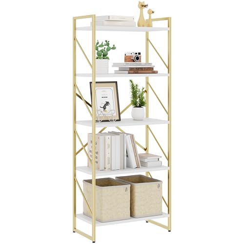 5 Tiers Bookshelf, Classically Tall Bookcase, Industrial Book Rack - color: Golden & White