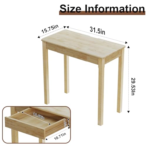 Solid Wood Desk with Drawers - 32 x 16 Inch Simple Narrow Desks, Rubber Wood Study Table, Small Writing Desk for Bedroom|Small Spaces - Natural Boho Desks - color: Natural, size: 31.5 in W x 15.7 in D