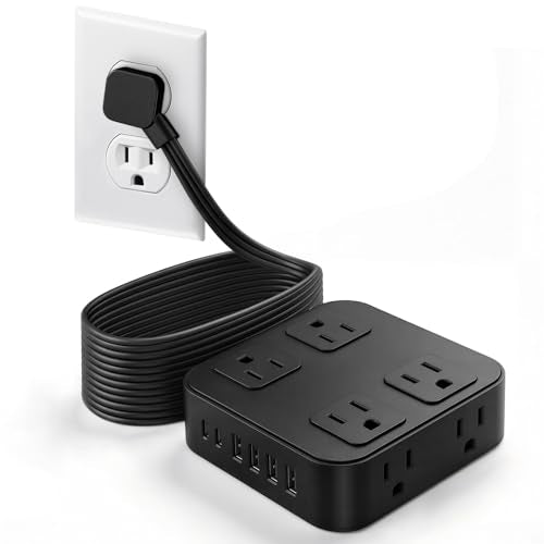 10FT Flat Extension Cord Surge Protector with Multiple Outlets, Black | Flat Power Strip 8 AC + 6 USB Ports(2 USB-C), 900J Protection, Wall Mount, Desk Charging Station for Home, School, Dorm Room - color: Black