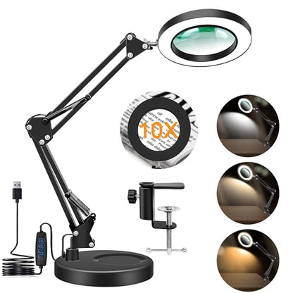 10X Magnifying Glass with Light and Stand, Magnifier with Light Hands Free, 3 Color Modes 10 Level Dimmable, Magnifying Real Glass LED Desk Lamp for Close Work, Repair, Reading, Craft, Black - color: Black