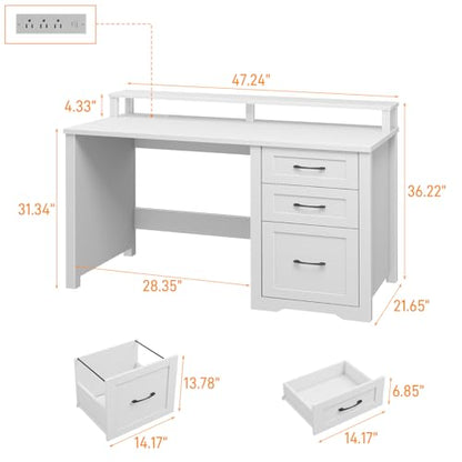 Vabches 47" Farmhouse Executive Desk with 3 Drawers and LED Lights, White - color: White, size: 3 Drawers & Monitor Stand