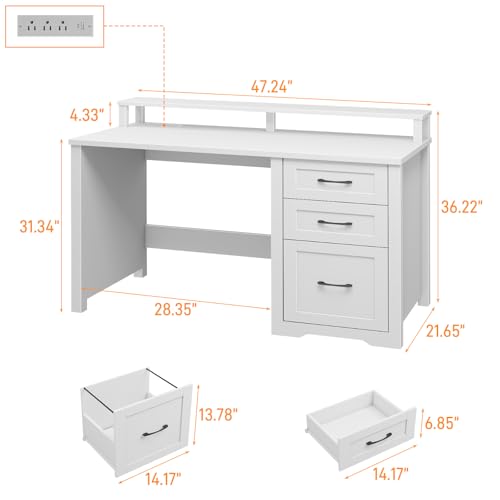 Vabches 47" Farmhouse Executive Desk with 3 Drawers and LED Lights, White - color: White, size: 3 Drawers & Monitor Stand
