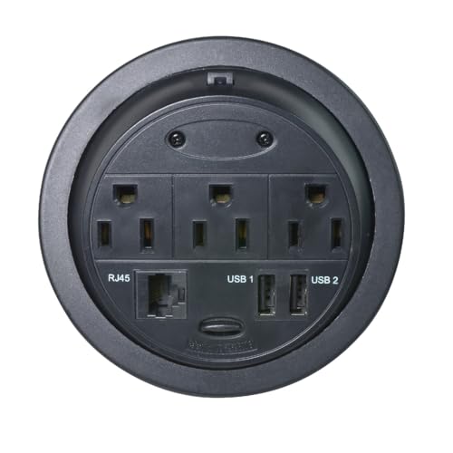 Kable Kontrol Recessed Power Grommet Desk Outlet, 3 AC Outlets, 2 USB-A, 1 Ethernet Port, 8’ Ft Power Cord, Flush Mount Fast Charging Station, for Office, Hotels – Black - size: 3 AC Outlets / 1 Ethernet / 2 USB (Power or Data)