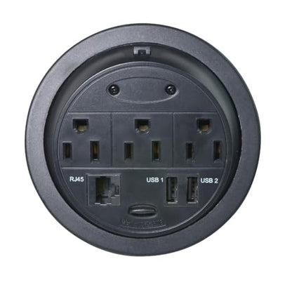Kable Kontrol Recessed Power Grommet Desk Outlet, 3 AC Outlets, 2 USB-A, 1 Ethernet Port, 8’ Ft Power Cord, Flush Mount Fast Charging Station, for Office, Hotels – Black - size: 3 AC Outlets / 1 Ethernet / 2 USB (Power or Data)