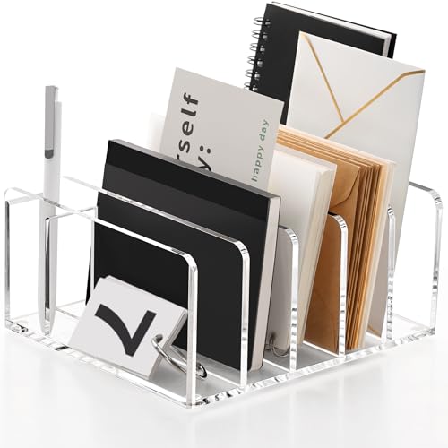 SANRUI Clear Acrylic Mail Organizer with 5 Compartments and 1 Pen Holder - size: 5 Slots with Pen Holder
