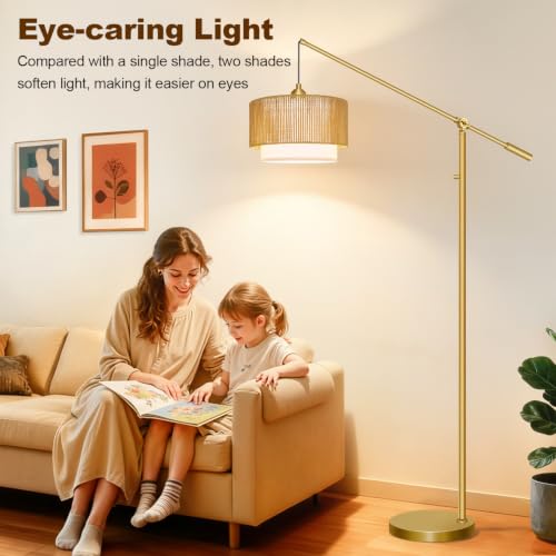 【Upgraded】Boho Dimmable Floor Lamps with Adjustable Swing Arm, 1100 Lumens Bulb Included, Modern Standing Lamp with Rattan & Fabric Shades, Farmhouse Tall Arc Floor Lamp for Living Room Bedroom, Gold - color: Bohemian-Gold