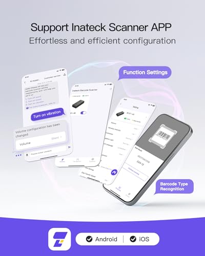 Inateck Barcode Scanner Bluetooth, 1D 2D QR Code Scanner Kabellos 2.4GHz, Portable Wireless Barcode-Scanner Laser, Mini Handscanner with APP and SDK, BCST-46