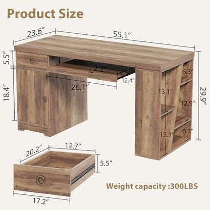 HSH 55" Computer Desk,Farmhouse Home Office Desk Keyboard Tray Rustic Oak | Executive Wood Work Study Writing Pc Table Studio Desks with Storage Drawers Wooden Workstation with Shelves and Cabinet - color: Rustic Oak