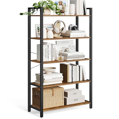 VASAGLE 5-Tier Bookshelf, Bookcase with Steel Frame, Book Shelf for Living Room, Home Office, Study, 11.8 x 31.5 x 60.2 Inches, Industrial Style, Rustic Brown and Ink Black ULLS081B01 - color: Rustic Brown + Ink Black, size: 5 Tiers (11.8"D x 31.5"W), sty