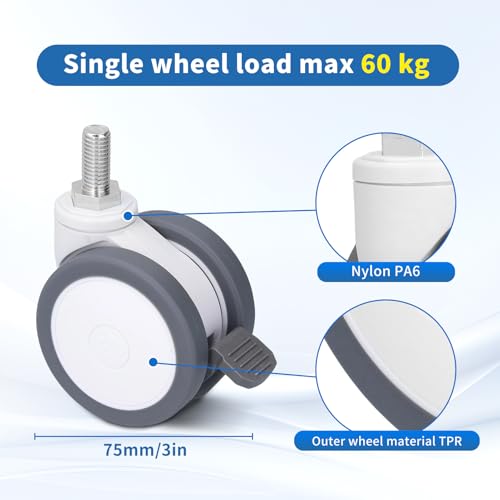 Desk Chair Wheels Replacement Noiseless Swivel Caster Wheels Medical Rubber TPR 3in Thread Aluminum Alloy 75mm Caster M12 for Home Office Chair Furniture