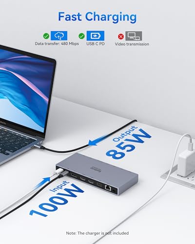 Selore USB C Docking Station 3 Monitors Laptop Hub Dual 4K HDMI +DP | 10Gbps USB-A/C Data Transfer, 100W PD, Ethernet, Audio, SD/microSD Slot,USB-C Dock for Dell XPS/HP/Lenovo - color: Space Gray