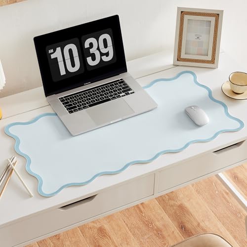 Scalloped Desk Mat, 31.5" x 15.7", PU Leather, Waterproof Anti-Slip, Cute Aesthetic Desk Pad for Office/Home/Game/Vanity (Blue, 31.5" x 15.7") - color: Blue