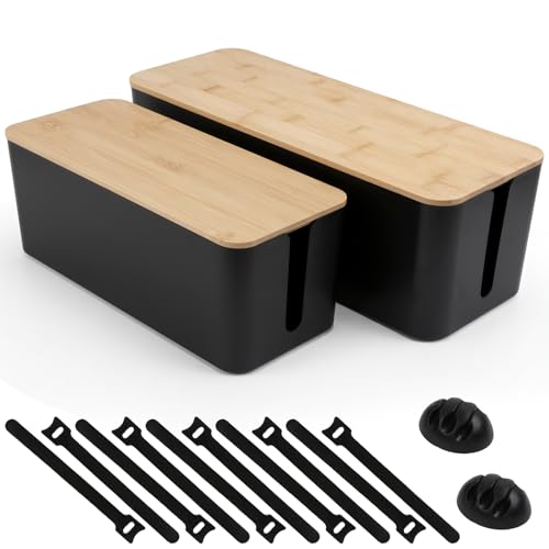 Tuwechen 2 Pack Cable Management Box, Wooden Style Cord Organizer Box | TV Wires Cord Hider, Power Strips Holder, USB Hub & Desk Cord Management, Baby Proof, for Home & Office - color: Black