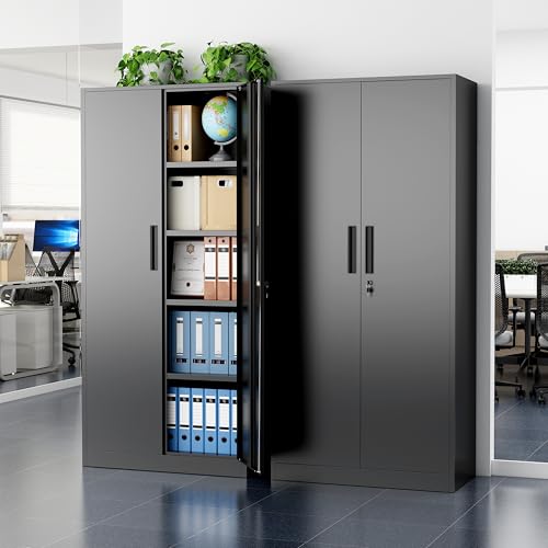 Greenvelly Metal Cabinet, 72" Black Locking Metal Storage Cabinet with 2 Doors and 4 Adjustable Shelves, Lockable Garage Storage Cabinets for Home Office, Garage, Kitchen, Living Room - color: Black, size: 72 Inch - Handle