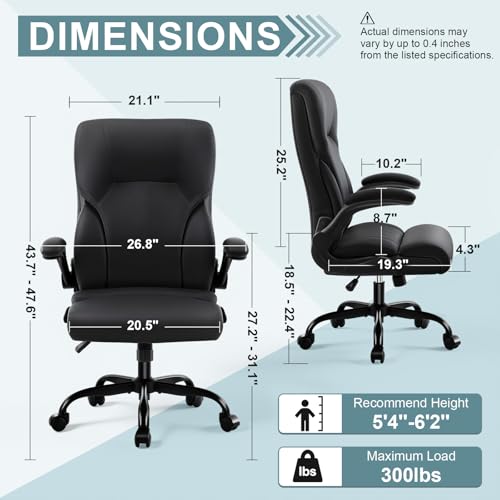 Executive Office Chair,High Back Ergonomic Comfy Desk Chair with Padded Flip-up Armrests and Wheels,PU Leather Heavy Duty Computer Swivel Rolling Task Chair for Home Office,Adults,Black - color: Black