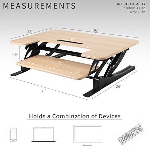 VIVO 36 inch Height Adjustable Stand Up Desk Converter, V Series, Quick Sit to Stand Tabletop Dual Monitor Riser Workstation, Light Wood Top, Black Frame, DESK-V000VO | Height Adjustable, Stand Up Desk Riser, Wide Keyboard Tray, Dual Monitor and Laptop Wo