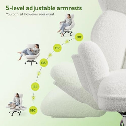 DurayLoly Big and Tall Office Chair with Footrest & Adjustable Armrests | 145° Reclining Backrest, Soft Teddy Fleece, Height Adjustable & 360° Swivel for Home Office, Bedroom, White - color: White