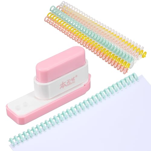 PATIKIL 5 Hole Paper Puncher, Hole Punch Binding Machine Spiral Coil Binder with 10Pcs 30 Ring Loose Leaf Binder Spines 5 Sheets Capacity for DIY Planner Scrapbook Office, Pink - color: Pink
