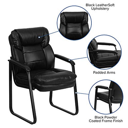 EMMA + OLIVER Black LeatherSoft Side Chair with Lumbar Support and Sled Base - color: Black Leathersoft