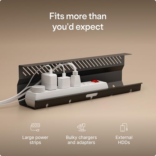 Desktronic Cable Duct Desk Black Set of 2 - Stainless Steel Cable Management Desk Cable Duct with 5 Cable Cut-Outs - Easy to Install Cable Organiser - Cable Holder - color: Black