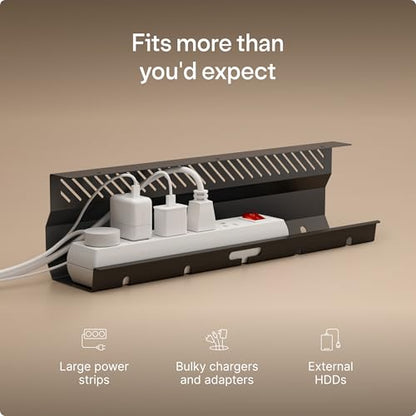 Desktronic Cable Duct Desk Black Set of 2 - Stainless Steel Cable Management Desk Cable Duct with 5 Cable Cut-Outs - Easy to Install Cable Organiser - Cable Holder - color: Black