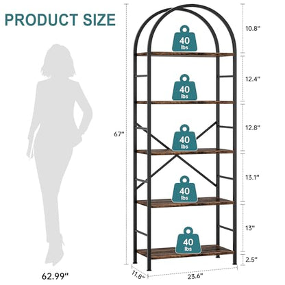 Vongrasig 5 Tier Arched Bookshelf, Industrial Tall Open Bookcase, Walnut - color: Walnut With Arched Top