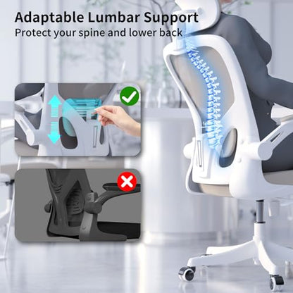Monhey Office Chair Ergonomic Desk Chair with Lumbar Support&Headrest&Flip-up Arms Height Adjustable Rocking Swivel Computer Chair Multi-Angle from 90° to 125° with 350LBS Capacity (02White+Khaki) - color: 02white+khaki