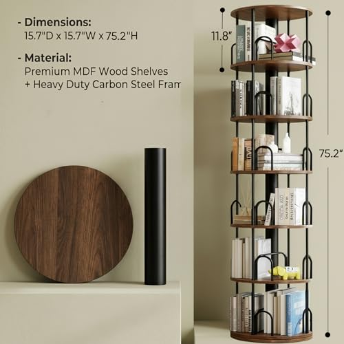 6 Tier Rotating Bookshelf Tower, 360° Revolving SpinningBookcase - color: Black, size: 6 Tiers