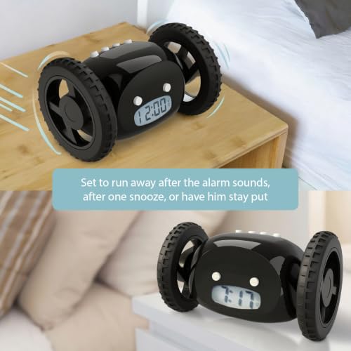 CLOCKY Runaway Digital Loud Rolling Alarm Clock for Heavy Sleeper Adults - color: Black Black Wheels