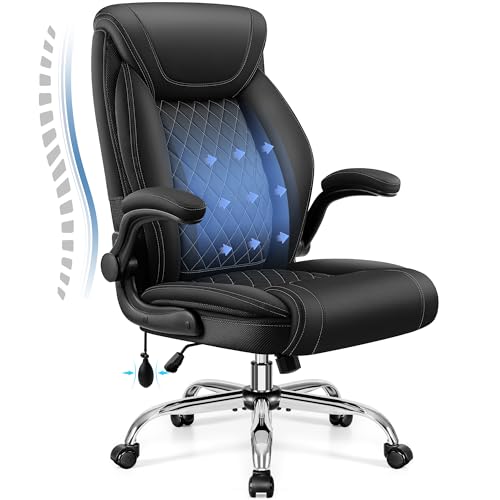 BestGlory Executive Office Chair with Lumbar Support, Big and Tall Ergonomic Computer Desk Chair, Leather Comfy High Back Gaming Chair with Flip Up Arms & Rocking Function for Home Office, Black - color: Black, size: 1 Pack
