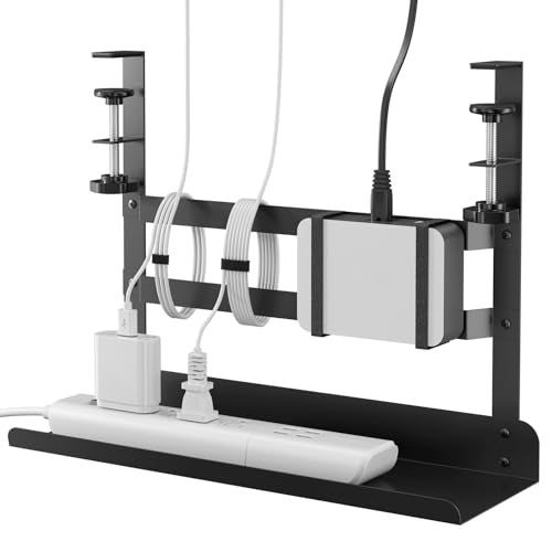 Yecaye Metal Under Desk Cable Management Tray, Clamp-On Desk Shelf | No Drill Mount; Anti-scratch Padded Clamps; Dual Wrap Bars; Fits Standing Desks; Metal Structure for Office Cable Storage;