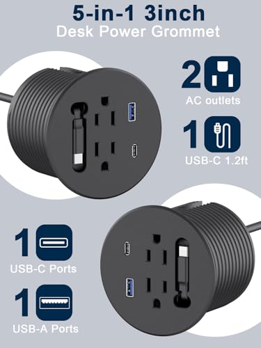 3'' Desk Power Grommet Built-in Retractable USB C Cables 20W USB-C/A