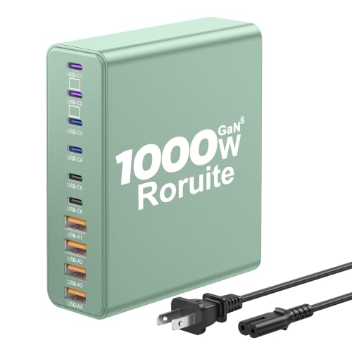 1000W USB C Charging Station, 120W PD GaN5 Super Fast USB C Charger Block | Roruite Type C for PC Laptop MacBook Pro/Air 10 Port Charger Compatible with iPhone 17 16 15 14 13 12 Pro Max, iPad, Galaxy - color: Green