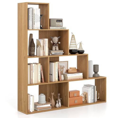 Tangkula 4-Tier Stepped Bookshelf, Freestanding 6 Cubes Ladder Bookcase with Anti-Tipping Kits, 64" Tall Modern Wooden Storage Display Rack for Home Office Living Room Study (1, Natural) - color: Natural