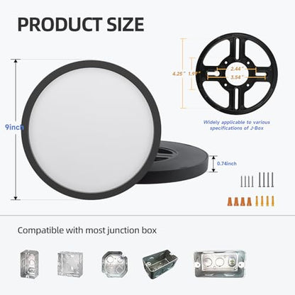 ECOELER Black Slim LED Ceiling Light, 9inch 5CCT Selectable Surface Mount Round Flat Panel Light, 24W 1800Lm, Close to Ceiling Light Fixtures for Kitchen, Bedroom, Laundry, 4 Pack - color: Black, size: 9Inch - 4PK