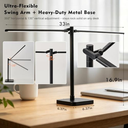BOHON Desk Lamp for Home Office Dual Head 24W Swing Arm Task Lamp Black - color: Black, size: Large