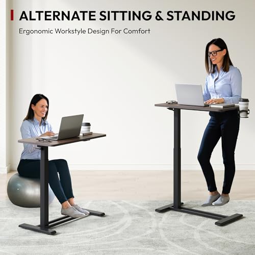 SANODESK 28''Mobile Standing Desk with Hidden Wheels,Pneumatic Laptop Desk | Computer Cart Movable Height Adjustable Table Small Sit Stand Desk for Home Office Hospital Use,27.6"W x 15.7"D,Black Walnut - color: Black Walnut, size: 28x16