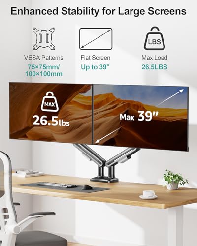 MOUNT PRO Dual Monitor Desk Mount, Pneumatic Monitor Arms for 2 Monitors Max 39 Inches, Adjustable Dual Computer Monitor Stand Each Arm Holds up to 26.5lbs, VESA Mount with C Clamp & Grommet Base - size: Max 39", style: Dual