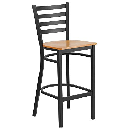 Flash Furniture HERCULES Series Black Ladder Back Metal Restaurant Barstool - Natural Wood Seat - color: Natural Wood Seat/Black Metal Frame, size: Set of 1
