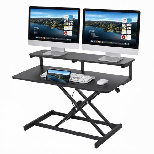 37" Height Adjustable Standing Desk Converter, 4.9" to18.5 Height Adjustable Sit Stand Up Desk Riser with Secondary Desks, Desktop Workstation Riser for Home Office Computer Laptop, Black - color: Black