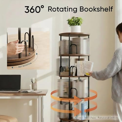 6 Tier Rotating Bookshelf Tower, 360° Revolving SpinningBookcase - color: Black, size: 6 Tiers