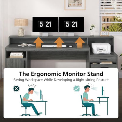 YOMILUVE 65" Computer Desk with 3 Drawers & Printer Shelf for Home Office - color: Dark Gray