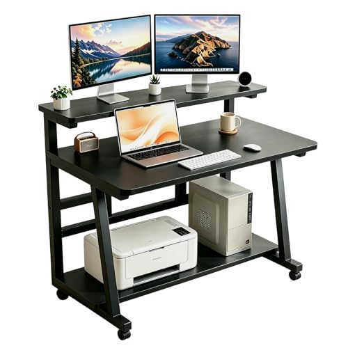 31.5 Inch Compact Rolling Computer Desk with Tier Worktable & Lockable Wheels, Small Computer Desk, Small Desk for Bedroom, Mobile Writing Workstation Easy Assembly for Home Office Small Spaces - color: Color: Frame：black/Board：black, size: 31.5“*19.7”