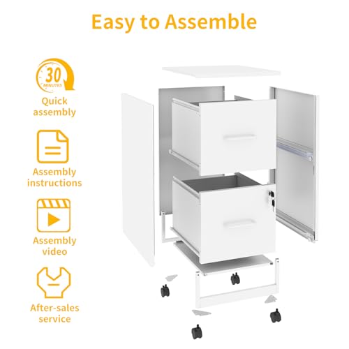 2 Drawer Mobile File Cabinet with Lock, Rolling Metal Filing Cabinet on Wheels, Lockable Under Desk Steel Vertical File Cabinets for Home Office, Letter/Legal/A4/F4, Assembly Required White